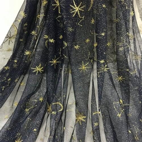 2 Yards Gold Moon Stars Embroidery Lace Fabric Navy / Grey tulle For DIY Sewing Summer Dress Dance Prom Wedding Flower Girl