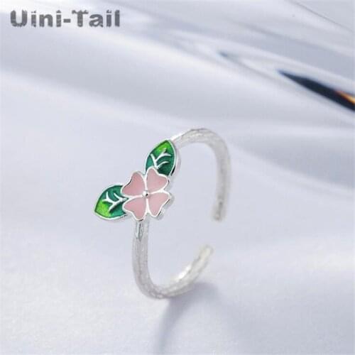 Uini-Tail hot new 925 sterling silver four-leaf clover ring female temperament simple trend fashion drop glue leaf flower ring