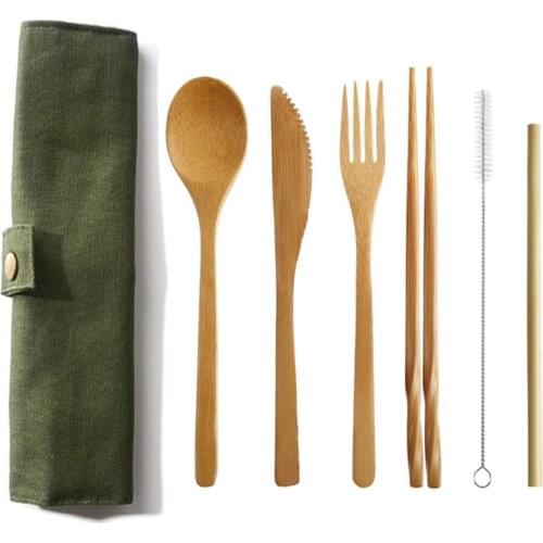 Reusable Bamboo Cutlery Set Bamboo Straw Dinnerware Set With Cloth Bag Knives Fork Spoon Chopsticks Travel Suit