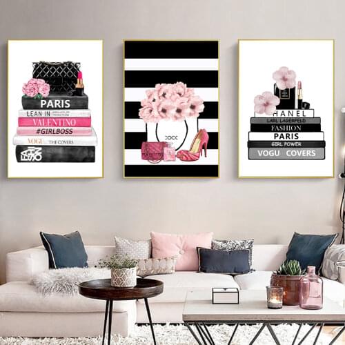 Fashion Bag High Heels Perfume Bottle Posters Wall Art Canvas Painting Watercolor Peonies Picture Prints Home Room Decor