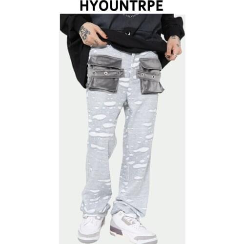 Mens Ripped Holes Straight Pants Casual Zipper Sweatpants with Pockets Trouser 2021 New Hip Hop Streetwear Loose Joggers Men