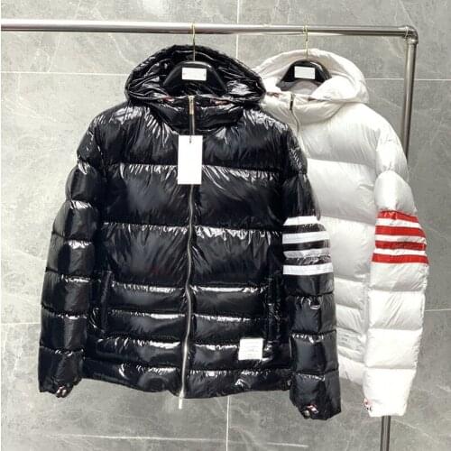 2021 Fashion Brand Down Coats Men Slim Fit Hooded Short Down Jacket Striped Solid Shiny Thick Casual Winter Clothing