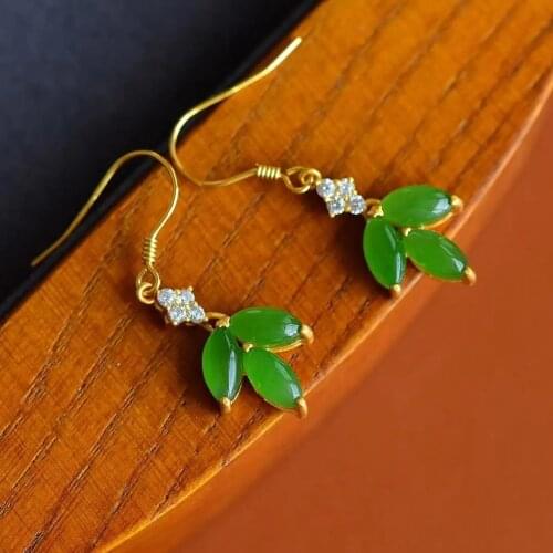 New Leaf Earrings Natural Simple Jewelry S925 Silver Inlaid Hetian Jade Jasper Earrings Earrings for Women