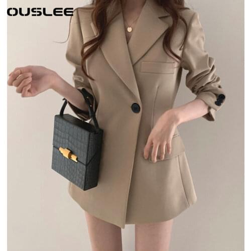 OUSLEE Women Autumn Korean Long Women Blazer Jacket Office Casual Slim Suit Blazers Coat Solid Work Vintage Khaki Outerwear