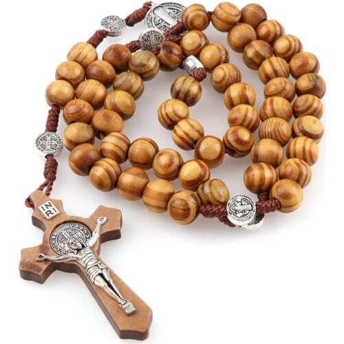 1Pieces Round Saint Benedict Medal Antique Wooden Rosary Necklaces Cross Pendant for Women Religious Jesus Jewelry Mother Gifts