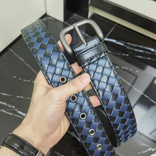 Mens Belt Leather High-Grade Hand-Woven Cowhide Casual All-Match Buckle Business Blue Waistband Male Fashion Luxury Designer