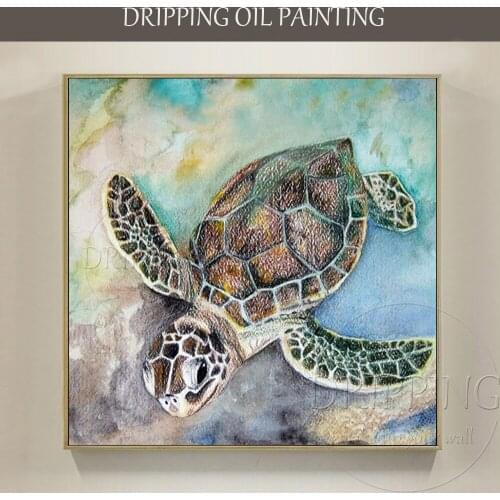 Artist Hand-painted Special Animal Turtles Oil Painting on Canvas Funny Sea Animal Turtles Swimming Oil Painting for Living Room