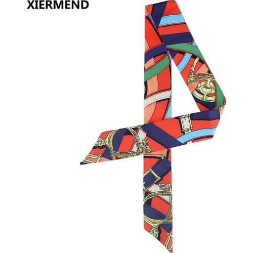 2018 New summer printed sunscreen simulation silk skinny scarves women tied bag handle ribbon bow tie hair band head scarf