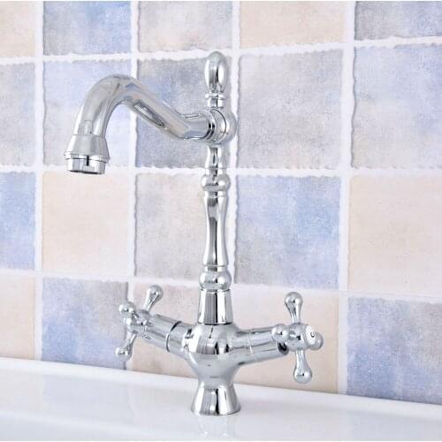 Basin Faucets Polished Chrome Double Handle Kitchen Faucet Tap Brass Hot and Cold Water Tap 360 Degree Rotating Nsf661