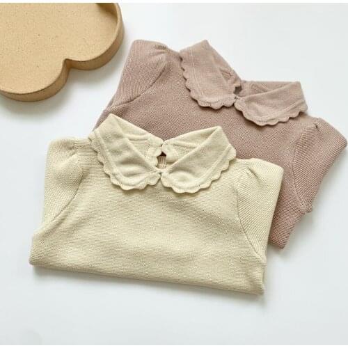 New 2021 Kids Girls Long Sleeve Knit Sweater Autumn Winter Baby Girls Pullover Sweaters Turn-down Collar Baisc Tops DT514
