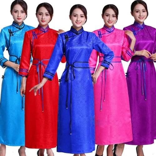 2020 Spring side open Traditional Ethnic Dance Clothing Mongolia performance Costume Purple White red long Mongolian robe Lady
