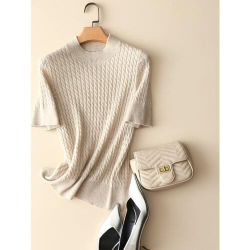 2022 spring autumn style high quality 100% cashmere cable knitted sweaters short sleeve crew neck womens classical knitwear top