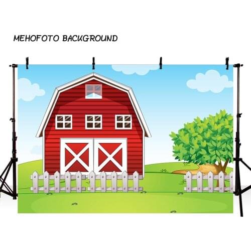 Farm Theme vinyl Photography Background Red Barn Barnyard Tractor Balloons Animals Fence Garden Custom Kids Birthday Backdrop