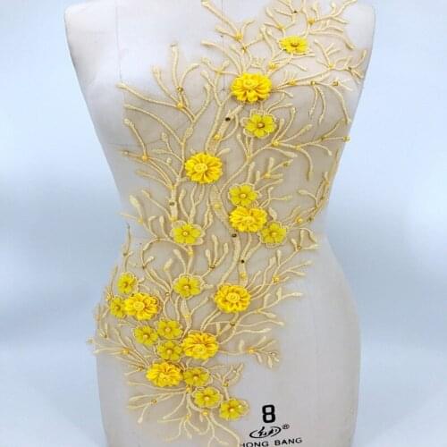 Handmade yellow Hot drilling Rhinestone lace embroidery patch applique wedding dress bordados DIY Performance clothing