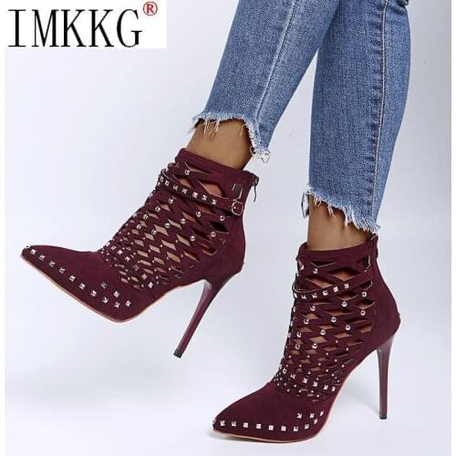 2021 Gladiator Sandals Summer Spring Pointed Toe Rivets Studded Cut Out Ankle Boots Stiletto Heel Women Shoes