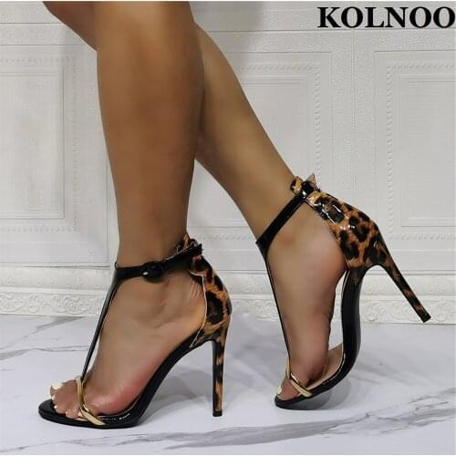 Kolnoo New Style Handmade Ladies High Heels Sandals T-Strap Leopard Patchwork Summer Shoes Real Photos Fashion Daily Wear Shoes