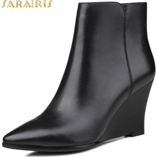 SARAIRIS 2020 Genuine Leather Wedges High Heels Autumn Winter Shoes Woman Elegant Office Lady Cow Skin Ankle Boots Female