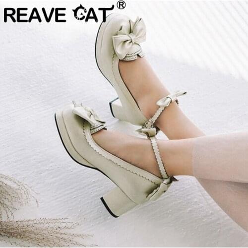 REAVE CAT New 2021 Ladies Pumps Sweet Lolita JK Uniform Lovelive Shoes Round Toe 5cm Heels Buckle Ankle Straps Big Size A3304