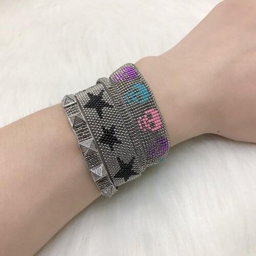 BLUESTAR Boho 4pcs One Set Women Pentagram Bangle Handmade Sliver Color skull Micro Pave Rivet MIYUKI Bead Bracelets For Jewelry