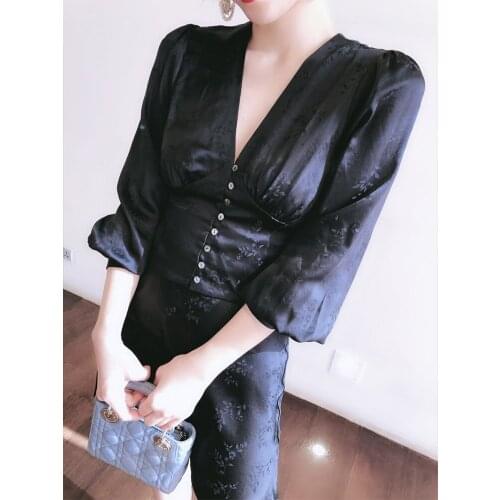 Ladies Long Sleeve V Neck Top With Button Closure - Women Fashion Mini Skirt - Latest 3D Jacquard Silk Satin Black 2 Piece Sets