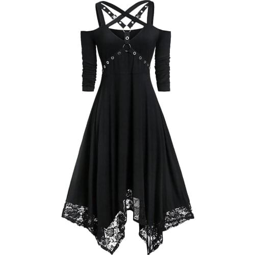 Womens Dress Sexy Halloween Plus Size Open Shoulder Lace Half Sleeve Gothic Dress Elegant Dresses For Women Casual Clothing
