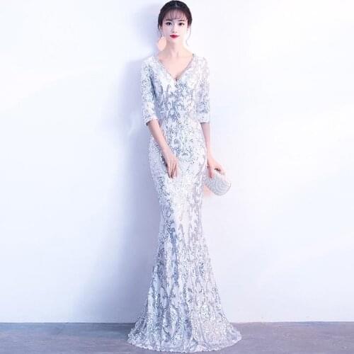 Silver Sequins Half Sleeve Mermaid Chinese Evening Dress Deep V-neck Women Cheongsam Modern Qipao Long Oriental Style Costume