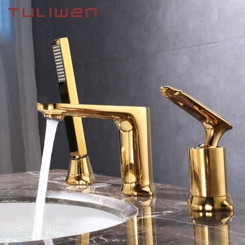 Gold 3 PCS Brass Bathroom Faucet Three Hole Basin Sink faucet Bath Bathtub Faucet Mixer Taps Cold Hot Water tap with Shower Head