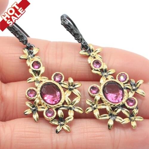 52x24mm Bohemia Design 9.6g Vintage Created Pink Tourmaline Violet Tanzanite Cool Black Metal Silver Earrings Daily Punk Hollow