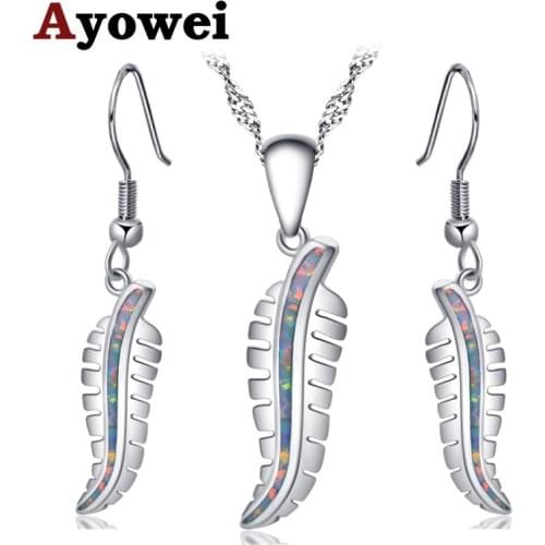 Ayowei wedding gift earrings pendant necklace leaf Silver stamped White opal set for women party OS032A