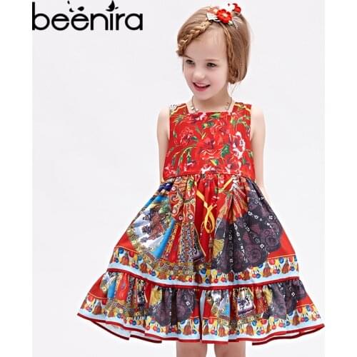 Beenira Girl Princess Party Dress European and American Style 2020 Brand Red Floral Printed Kids Dress for Girls Clothes 4-14Y