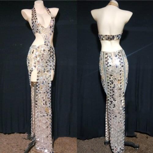 Sparkly Sequins Mirror Dress Women Birthday Celebrate Wedding Long Dress Bar Ds Latin Dresses Party Festival Outfits DN9160