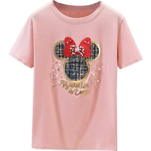 Short Sleeve T Shirt Women Summer Clothes New Slim Lady Korean Kawaii Mouse Bow Nail Bead Harajuku Pure Cotton Pink Top Fashion