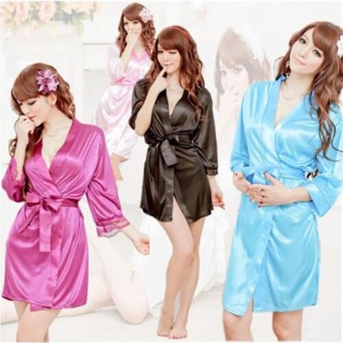 Ladies Sexy Silk Satin Night Robes Knee-Length Bathrobe Nighties V-neck Robe Nightdress Lace Sleepwear Nightwear For Women