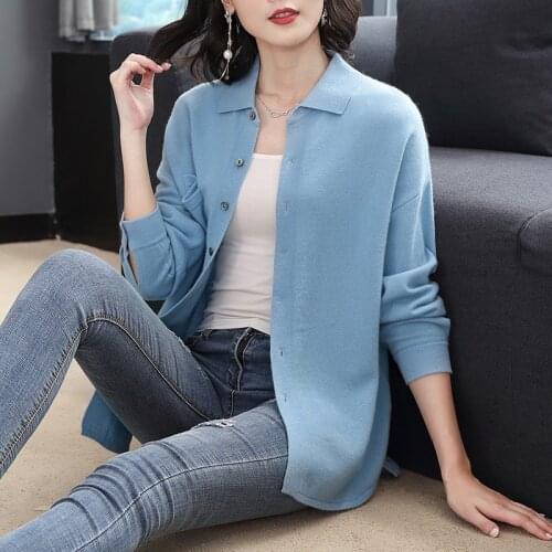 Cashmere Knitted Cardigan With Buttons Turn Down Collar Polo Sweater Coat Women Elegant Cardigans For Women Knitwear Cardigans