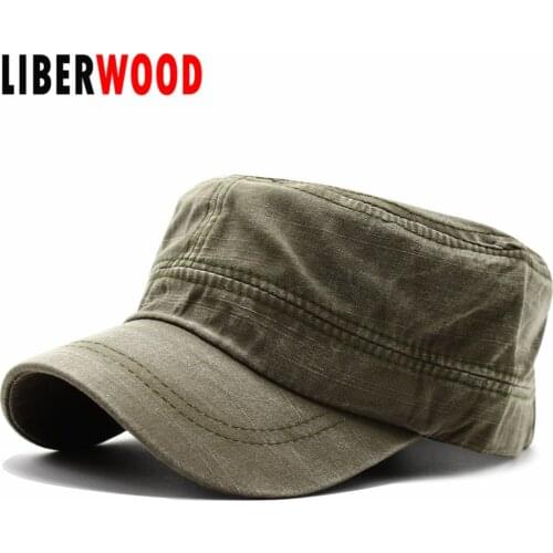 LIBERWOOD Solid Brim Flat Top Cap Cadet Army Cap Washed Corps Hat Peaked Cap for Men Women Adjustable Plain Casual Sun Hat