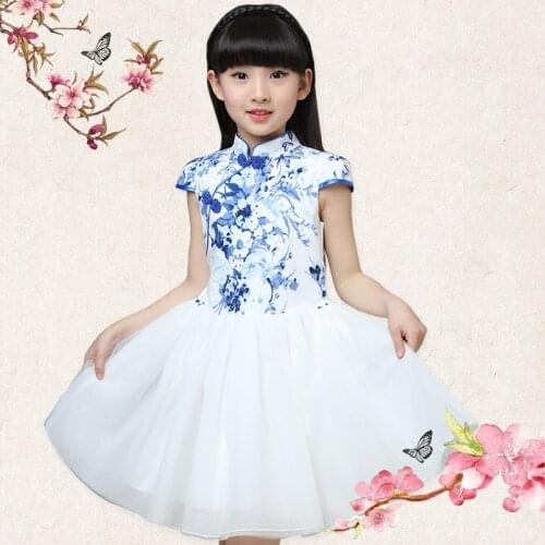 6 8 years Chinese Cheongsam Dress Summer China Chi-pao Vintage Floral Print Girls Dresses Wedding Party Costume