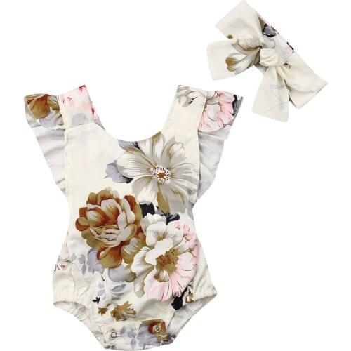 Toddle Girl Clothes Baby Clothes Newborn Infant Baby Girls Ruffles Sleeve Bandage Bodysuit Headband 2PCS Outfits Sunsuit 0-24M