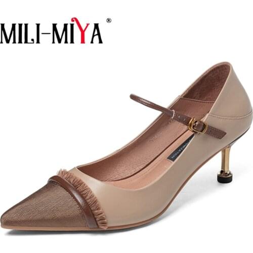 MILI-MIYA New Arrival Women Cow Leather Pumps Ankle Wrap Pointed Toe Thick Heels Dress Party Shoes Handmade For Ladies