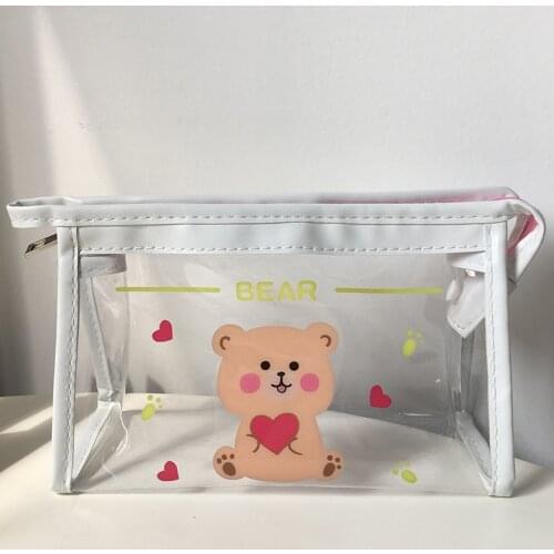 Fashion Transparent Cosmetic Bag Girls PVC Waterproof Makeup Case Cartoon Bear Rabbit Handbag Zipper Travel Beauty Pencil Pouch