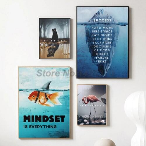 Cat Mindset Motivational Poster Iceberg of Success Canvas Painting Quote Fish Wall Art Decoration Pictures for Office Room Decor
