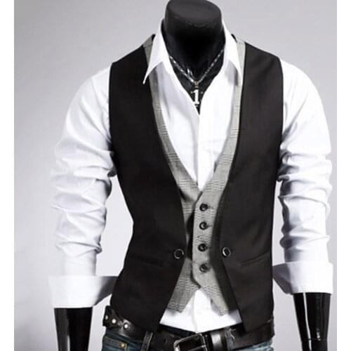 Men Formal Waistcoat Vest Business Solid Color Single Button Vest gilet Fake Two-pieces V Neck Casual Slim chalecos para hombre
