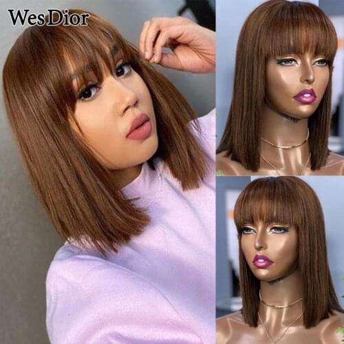 Colored Straight Short Bob Wig With Bangs Brazilian #4 Brown Guleless Wig Full Machine Made Human Hair Wigs For Black Women Remy