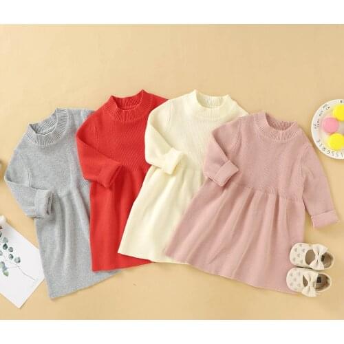 0-18M Newborn Baby Girls Sweater Dress Solid Knit Long Sleeve Knee Length A-Line Warm Dress 5 Colors