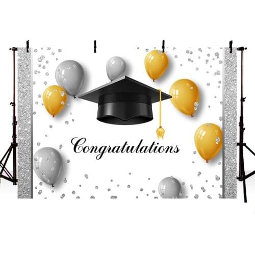 Celebration Graduation Theme Background Congratulations Graduation Banner Backdrop for Students Black Bachelor Cap and Balloons