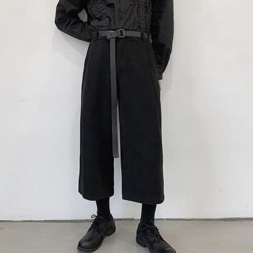 Preto solto casual de lã larga perna calças com cinto masculino japão streetwear hip hop gótico hetero harem calças kimono pant