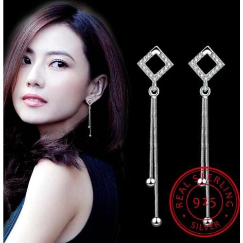 Simple Fashion 925 Sterling Silver Brincos Hollow Crystal Square Long Tassel Drop Earrings For Women Wedding Party Jewerly Gift