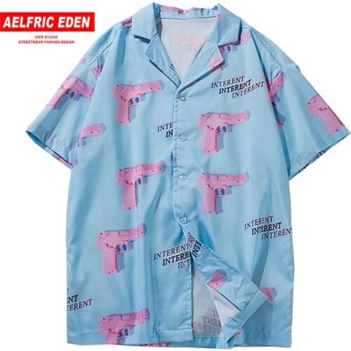 Turn-down Collar Shirts Men 2019 Summer Hawaii Style Pink Gun 3d Print Casual Streetwear Hip Hop Short Sleeve Shirt
