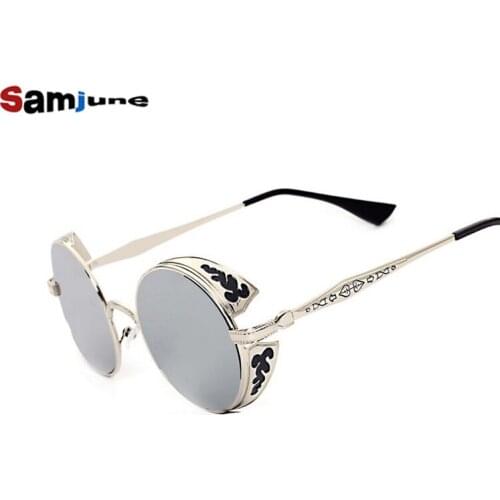 Samjune Retro Steampunk Sunglasses For Women Men, Vintage Round Metal Punk Mirror Sun Glasses oculos de sol feminino