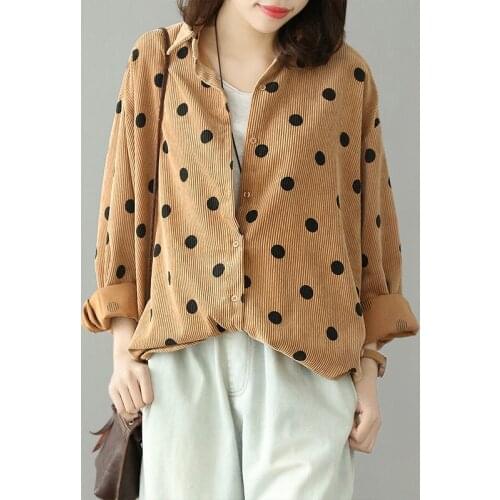 Corduroy Shirts Long Sleeve Polo-Neck Wave Point Elegant Korean Style Blouses Spring Summer Vintage Loose Blusas Tops MM0736