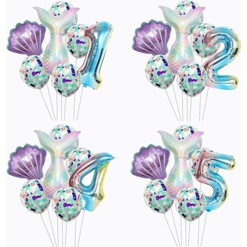 7pcs Mermaid Party Balloons Rainbow Foil Number Ballon Little MermaBirthday Party Decor Baby Shower Helium Confetti Balloon